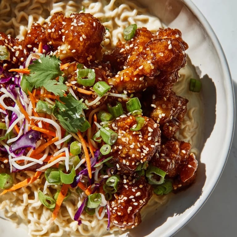 This buffalo cauliflower ramen features golden, baked cauliflower florets in a flavorful, spicy broth.