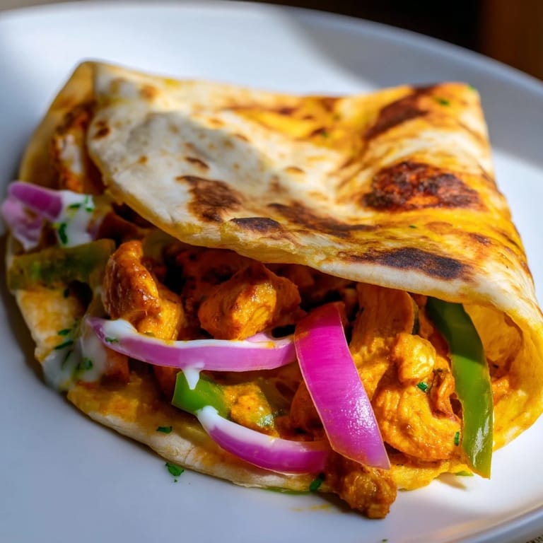 Spicy, sizzling tandoori chicken quesadilla with melted cheese and fresh red onion inside.