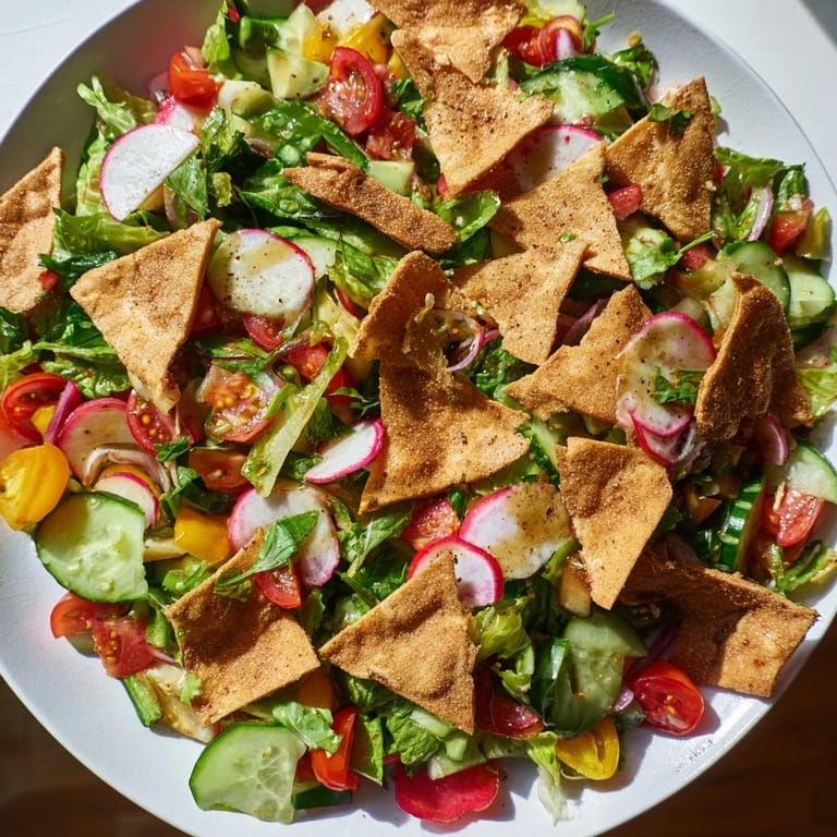 Fragrant Fattoush Crunch Salad with vibrant greens, tomatoes, and golden pita chips, ready to enjoy.