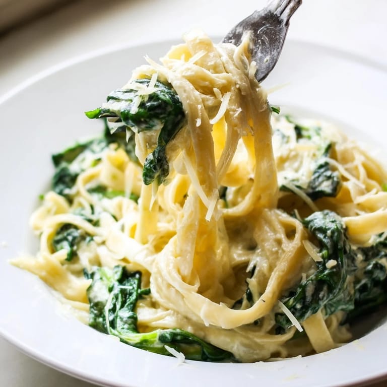 Makkaroni mit dunkelgrünem Spinat und cremiger Knoblauch-Sauce, garniert mit Parmesanspänen.