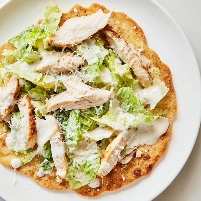 Goldknusprige Chicken Caesar Flatbread mit würzigen Hähnchenstreifen, frischem Salat und würziger Caesar-Sauce, ideal für Partyportionen.