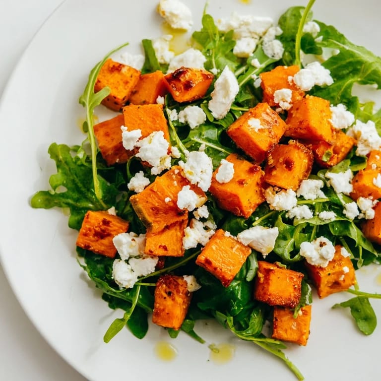 Ein farbenfrohes Roasted Sweet Potato Salad auf einem weißen Teller mit Honig-Limetten-Dressing beträufelt.