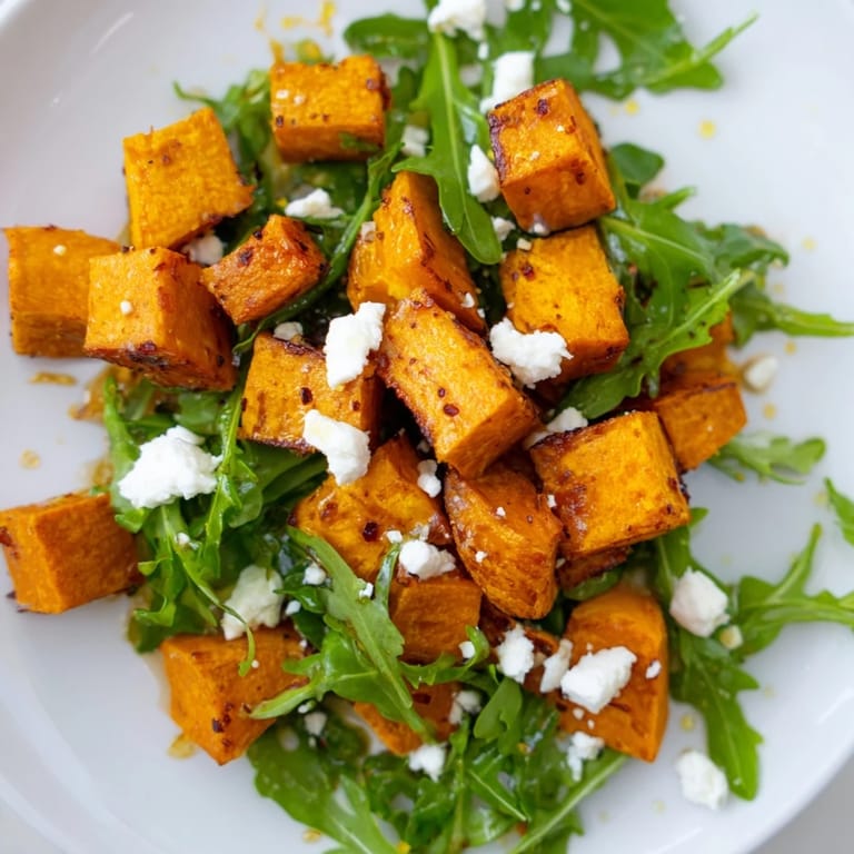 Das Roasted Sweet Potato Salad wird mit gerösteten Kürbiskernen und roten Zwiebelringen für Extra-Knack serviert.