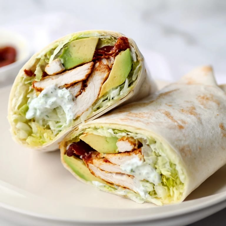Scharfer Smoky Chipotle Chicken Wrap mit saftigem Hähnchen, Avocado und roten Zwiebeln, serviert mit Limetten wedges