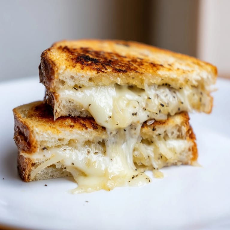 Ein saftiges Caramelized Onion Grilled Cheese mit karamellisierten Zwiebeln und würziger weißer Cheddar-Füllung, perfekt für den Mittagstisch.