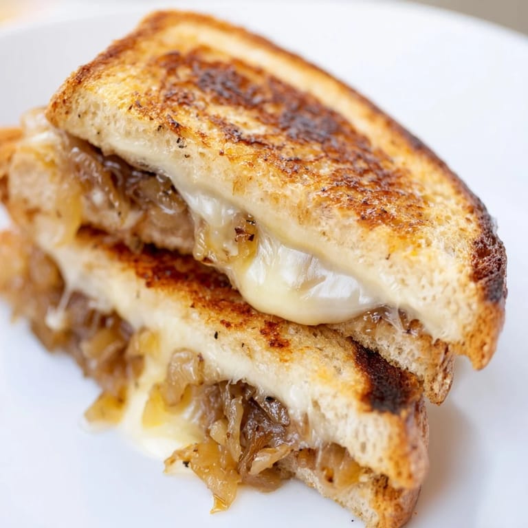 Leckeres Caramelized Onion Grilled Cheese mit knuspriger Kruste und geschmolzenem Käse, dargereicht mit einer frischen Salatbeilage.
