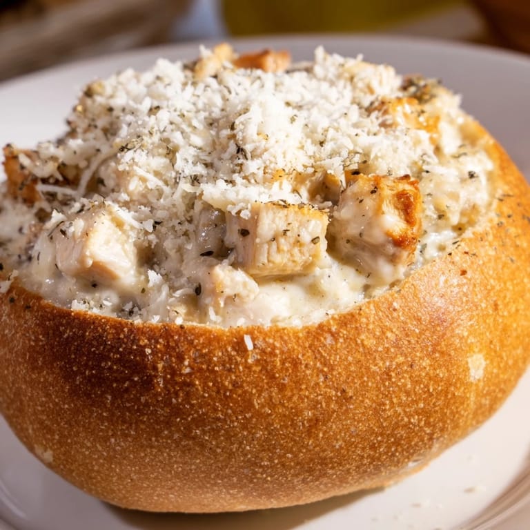 Häusliches Chicken Alfredo in knusprigem Brot, perfekt für tröstliche Abendessen, extra Käseoberschicht.