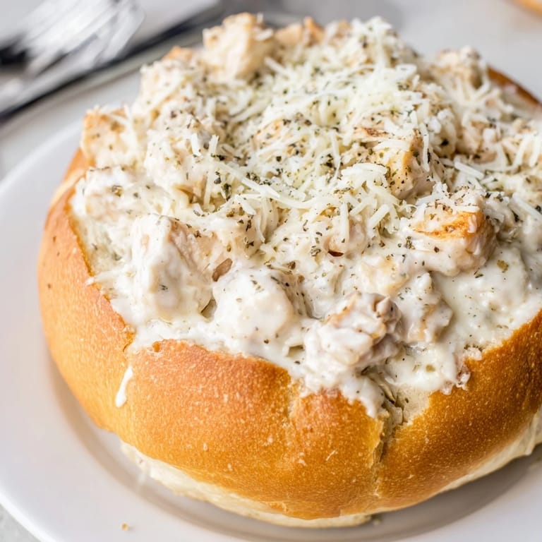 Mürbe Brot-Schale mit saftiger Hähnchen Alfredo Füllung, heiß serviert, ideal mit Salat.