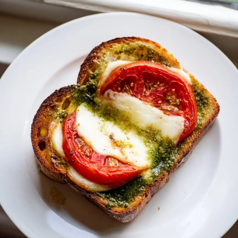 Golden-brown Caprese Pesto Grilled Cheese sliced diagonally, revealing layers of fresh mozzarella, juicy tomato, and vibrant basil pesto.