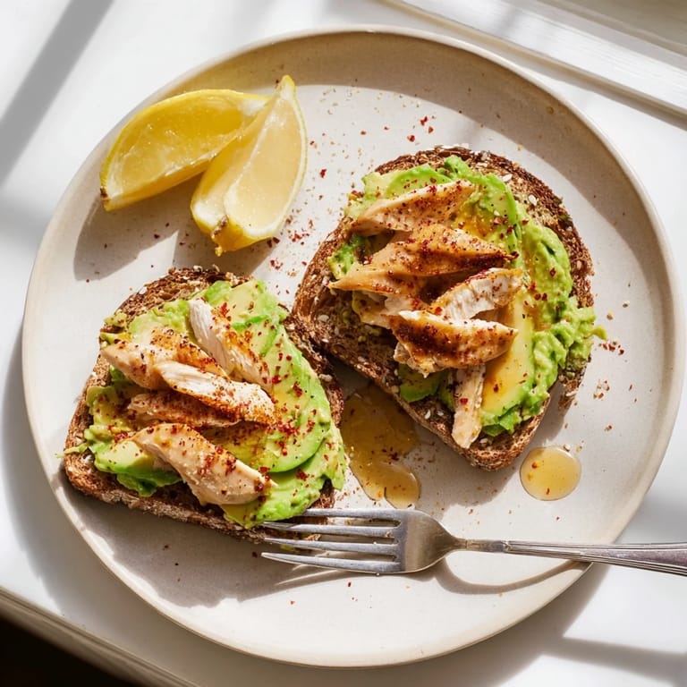 Frisch vom Grill: würziges Hähnchen auf cremig geröstetem Avocado-Toast, verfeinert mit Chiliflocken für eine scharfe Note.