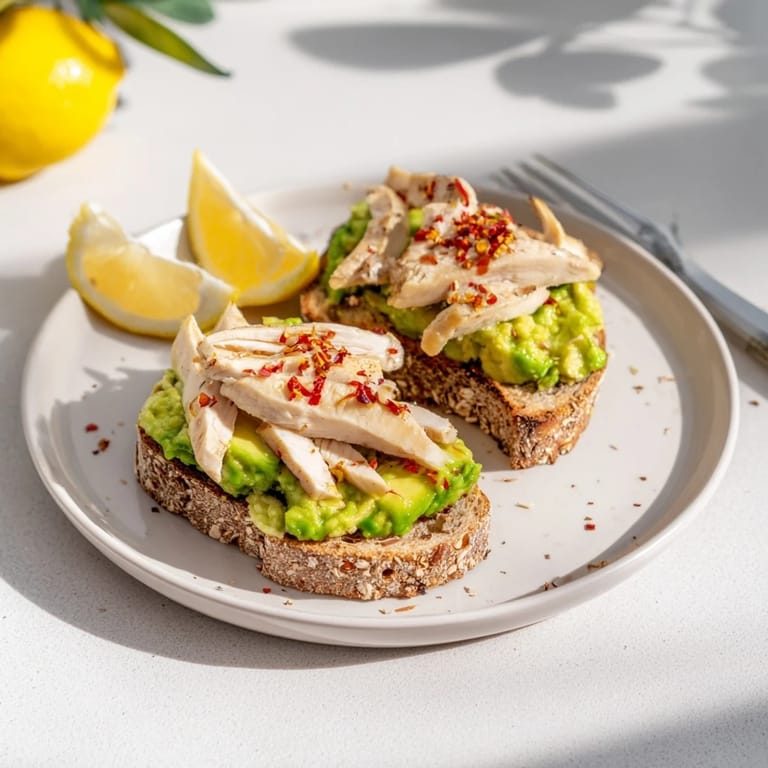 Leichtes Brunch-Gericht: Saftige Hähnchen-Scheiben auf knusprigem Avocado-Toast, verfeinert mit Honig und Chiliflocken für eine besondere Note.
