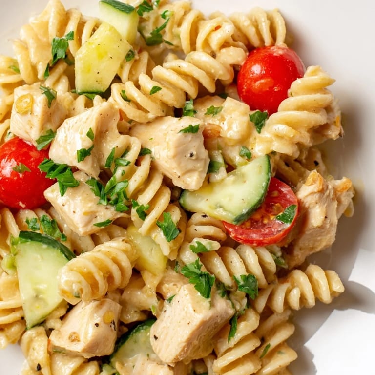 Nahaufnahme einer Schüssel mit Honey Mustard Chicken Pasta Salad auf einem stilvollen Hintergrund.