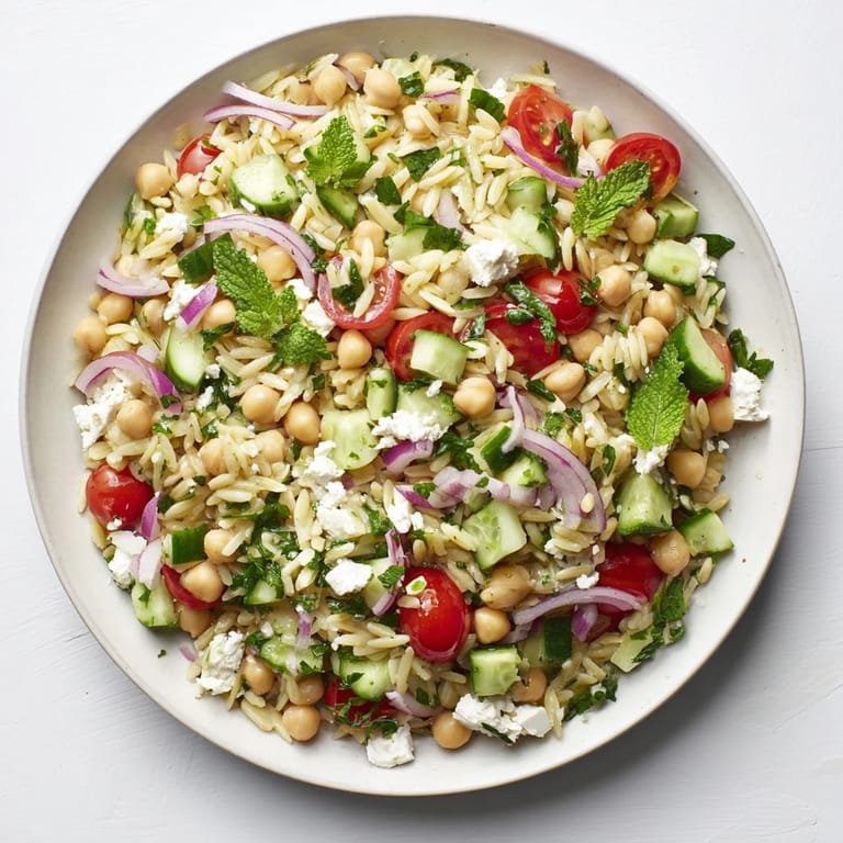 Die Schüssel des Lemony Chickpea Orzo Salats zeigt goldene Orzo-Nudeln, Kichererbsen und Cherrytomaten mit duftendem Minze-Petersilien-Dressing.  