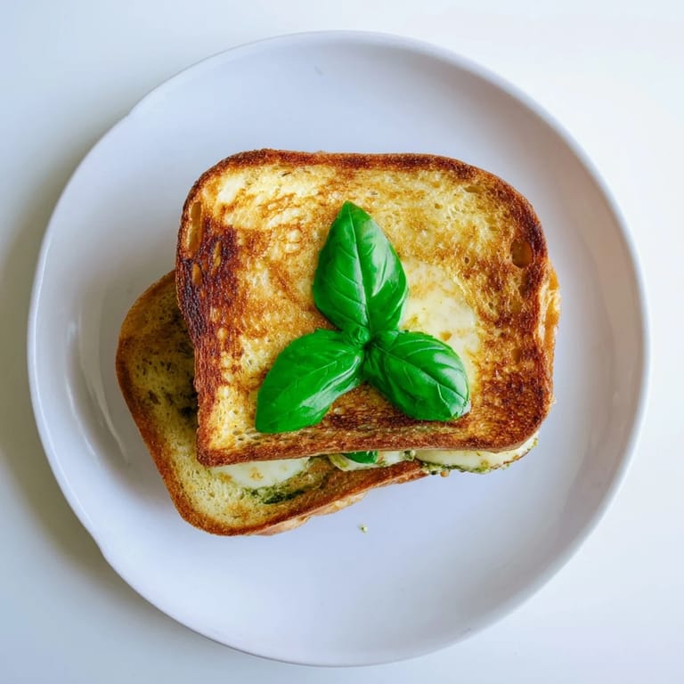 Sizzling Caprese Pesto Grilled Cheese in a skillet, aromatic basil pesto oozing from crispy sourdough.  