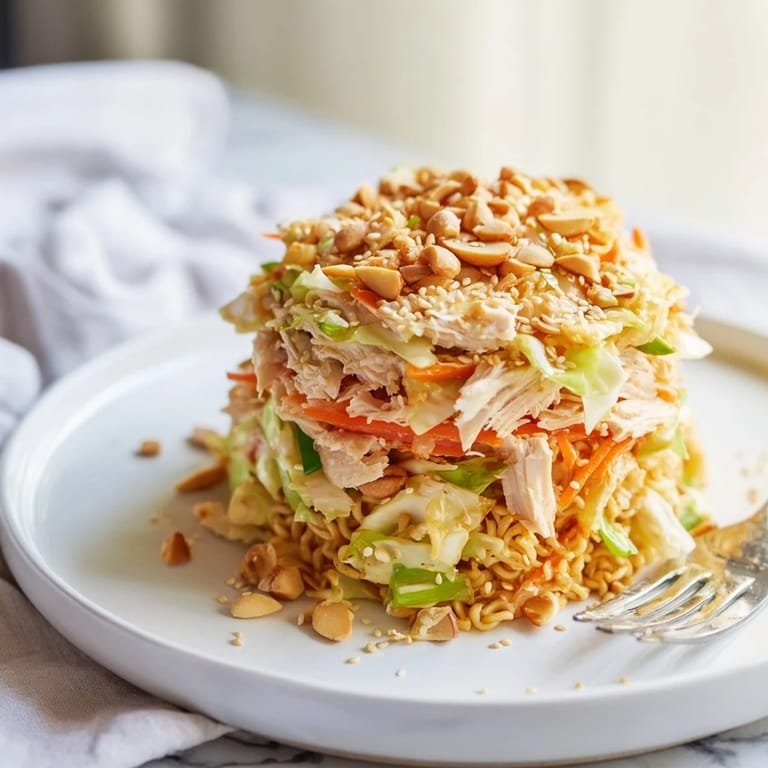 Bunte Crunchy Ramen Chicken Salad Schüssel mit gestapelten Zutaten und glänzendem Sesam-Dressing für ein erfrischendes Mittagessen.