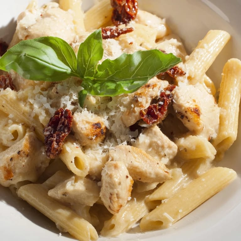 Hearty penne with tender chicken pieces and sliced sun-dried tomatoes in a garlicky cream sauce, ready for a cozy dinner.
