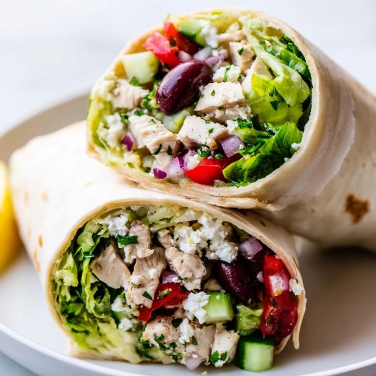 Ein frisch zubereiteter Greek Lemon Chicken Salad Wrap mit zitronigem Hähnchen, griechischer Salatmischung und cremigem Feta, perfekt für ein leichtes Mittagessen.