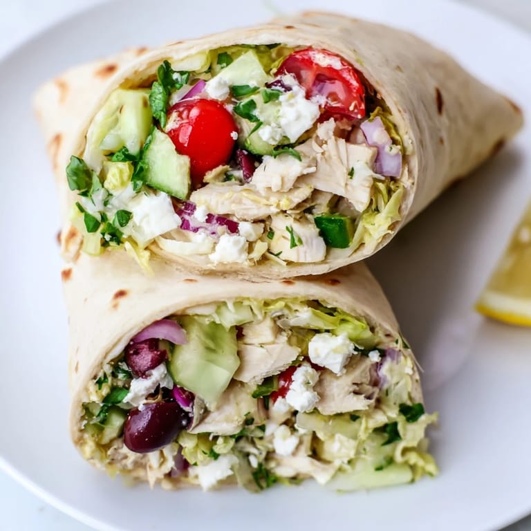 Genieße einen Greek Lemon Chicken Salad Wrap mit warmem Tortillabrot, saftigem Hähnchen und knackigem Salat sowie einem Spritzer Zitrone für frischen Geschmack.