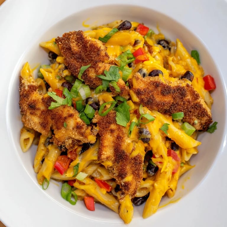 Crispy Chicken Burrito Pasta served in a bowl, topped with sour cream, spring onions, and melted cheddar cheese.