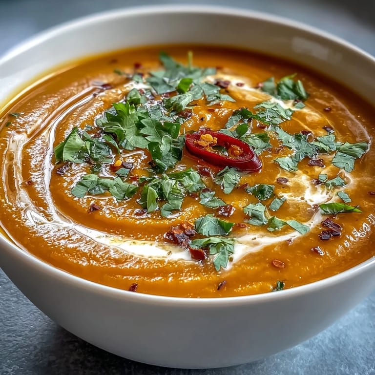 Silky, warm Carrot, Celeriac, and Chilli Soup served with a drizzle of coconut cream and fresh chili slices for extra heat.
