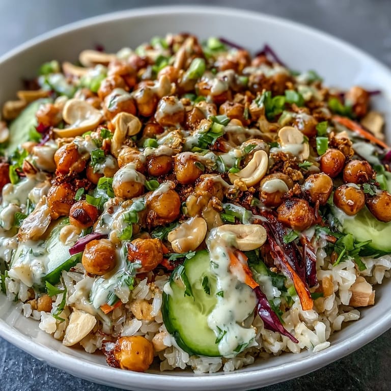 Stattliche Schüssel eines Peanut Chickpea Rice Bowl: fluffiger Reis, gewürzte Kichererbsen und Crunch von Erdnüssen im Glas.