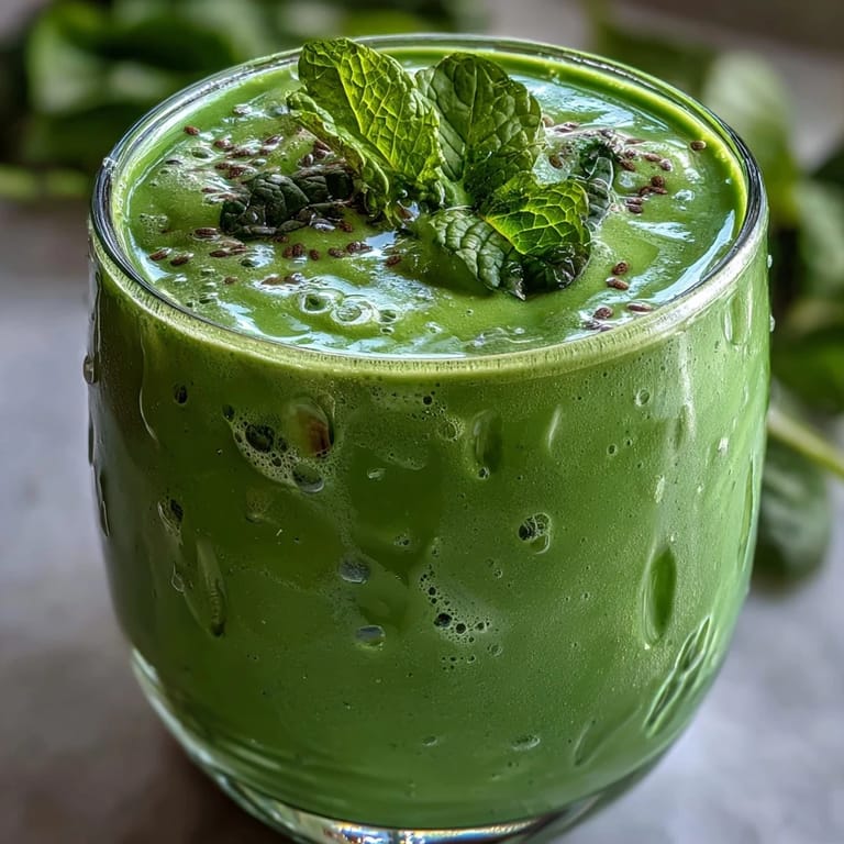 Der nahrhafte Grüne Detox Smoothie mit Spinat, Banane und Chiasamen, serviert in einem hohen Glas für einen frischen, erfrischenden Genuss.