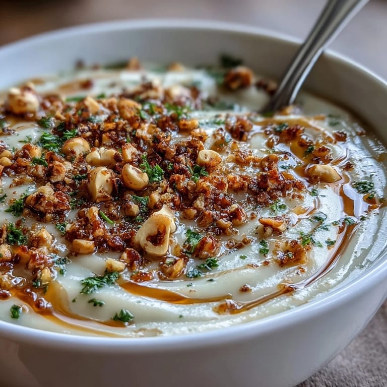 Celeriac Soup with Hazelnut Crumble presented in a rustic ceramic bowl, garnished with chopped parsley and nuts.