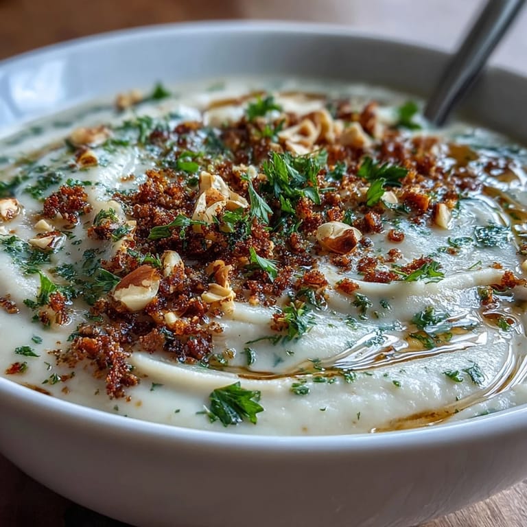 Celeriac Soup with Hazelnut Crumble in a shallow bowl, drizzled with olive oil and served beside a glass of white wine.