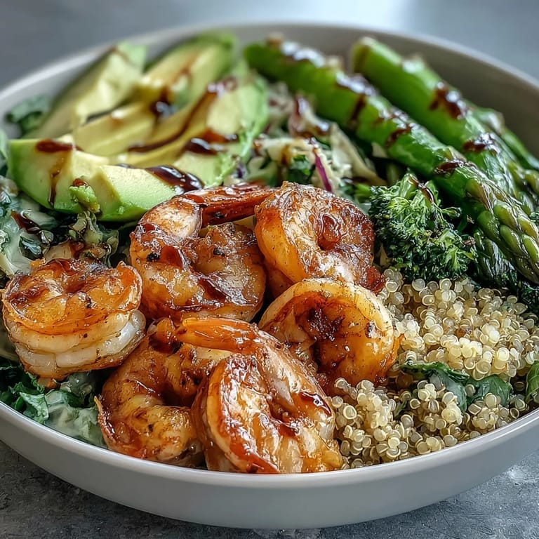 Farbenfroher Detox Buddha Bowl mit Garnelen und Quinoa, serviert mit Brokkoli, Spargel, Rotkohl und Tomaten für eine nährstoffreiche Mahlzeit.