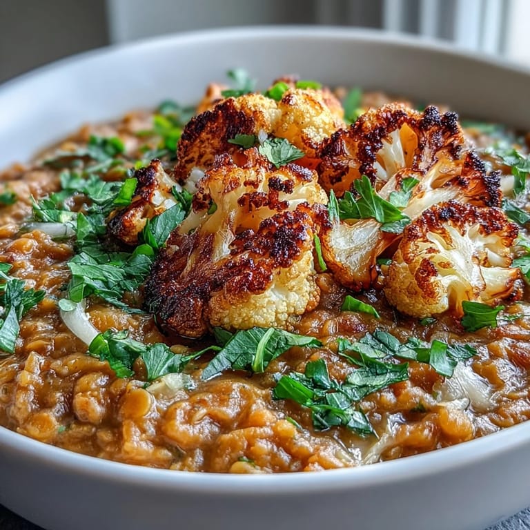Würzige rote Linsen-Dhal begleitet von aromatischem, mit Cumin gewürztem Blumenkohl, frisch mit Zitronensaft beträufelt.