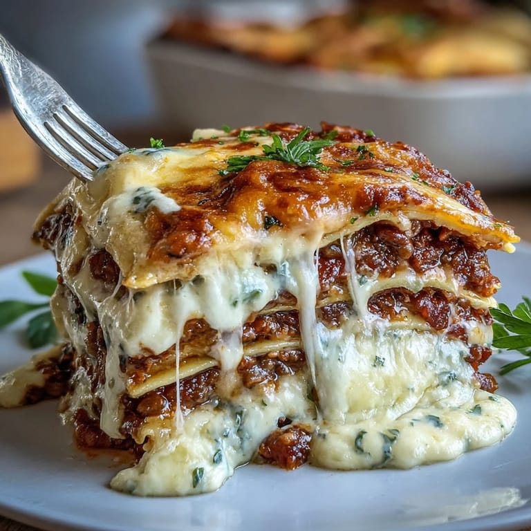 One-Pan Smoky Veggie Lentil Lasagne garnished with fresh basil on a dinner plate with a crisp green salad.