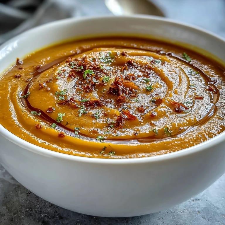 Dieses Butternut Squash and Lentil Soup wird aus ofenroastem Kürbis und roten Linsen püriert und mit frischem Koriander auf einem Teller angerichtet.