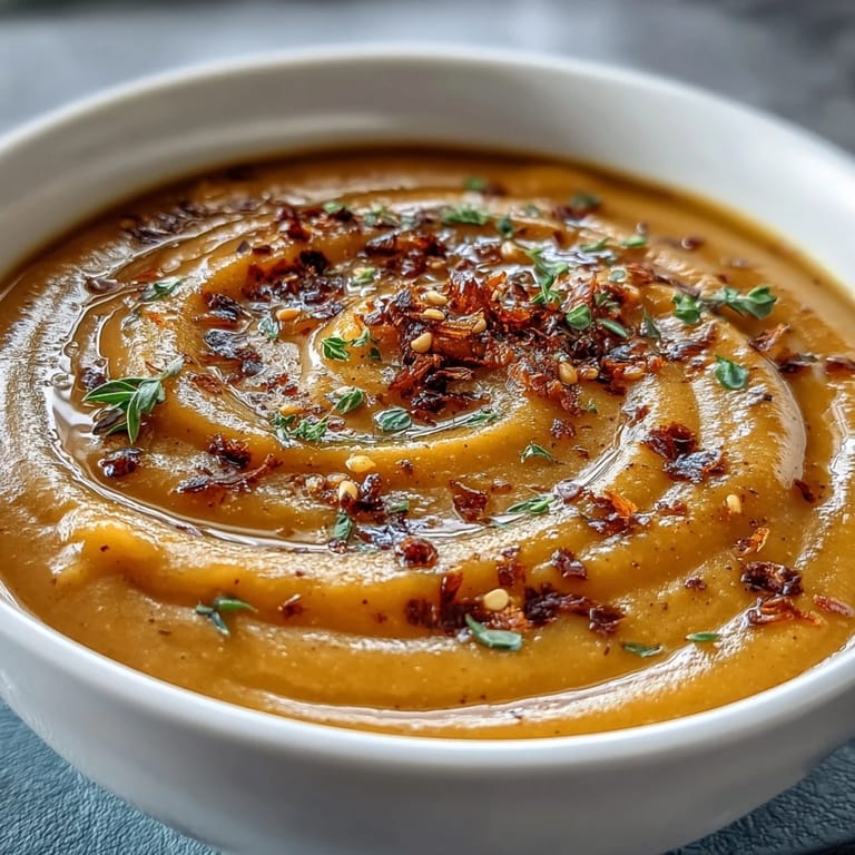 Goldbraunes Butternut Squash and Lentil Soup schmeckt samig, angerichtet mit einem Spritzer Zitronensaft und Kräutern, perfekt für vegane Mahlzeiten.