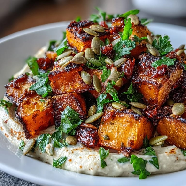 Leuchtendes, vegetarisches Roast Squash and Hummus Winter Salad auf Hummus mit geröstetem Gemüse.