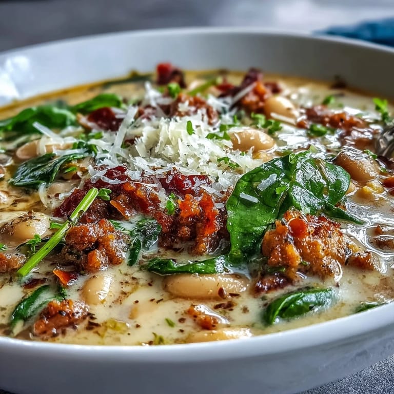 Steaming Creamy Tuscan White Bean Soup With Sausage featuring white beans, carrots, and spinach, ready to enjoy
