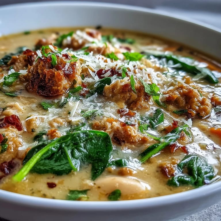 Hearty Creamy Tuscan White Bean Soup With Sausage and creamy broth, served with crusty bread for dipping