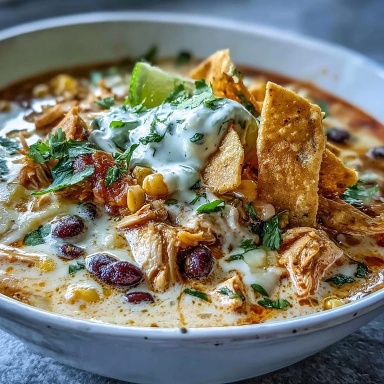 Easy Chicken Tortilla Soup mit geschmolzener Cheddar-Kremigkeit und knusprigen Tortilla-Chips als Topping