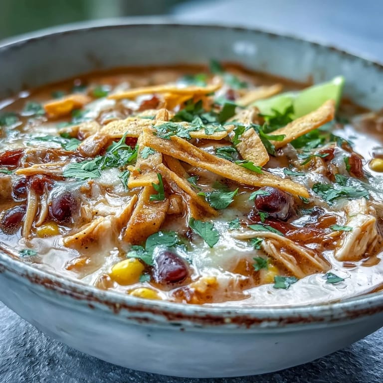 Easy Chicken Tortilla Soup angerichtet mit frischer Koriander, Limettenkeilen und Jalapeños für Kick