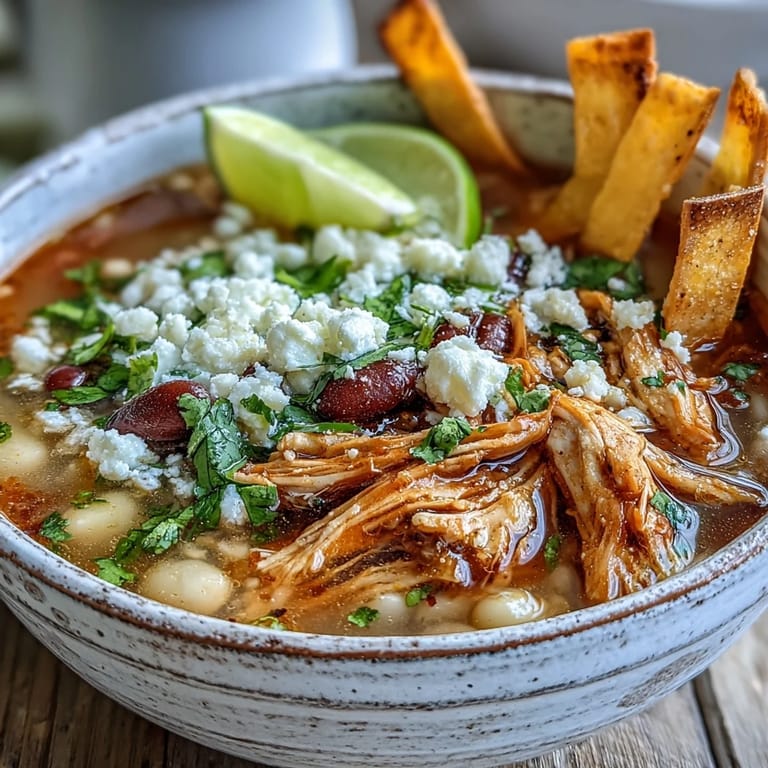 Klassische Chicken Tortilla Soup garniert mit Avocado, Crème fraîche und frischer Limette zum Auspressen.