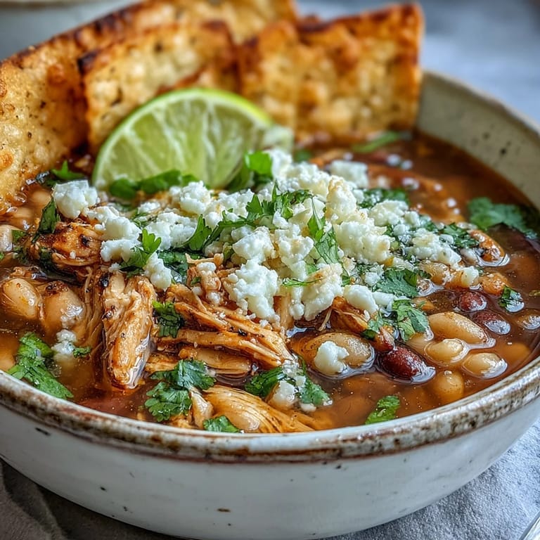Eine dampfende Schüssel Chicken Tortilla Soup, reichhaltig mit Hähnchen, Bohnen und Limetten.