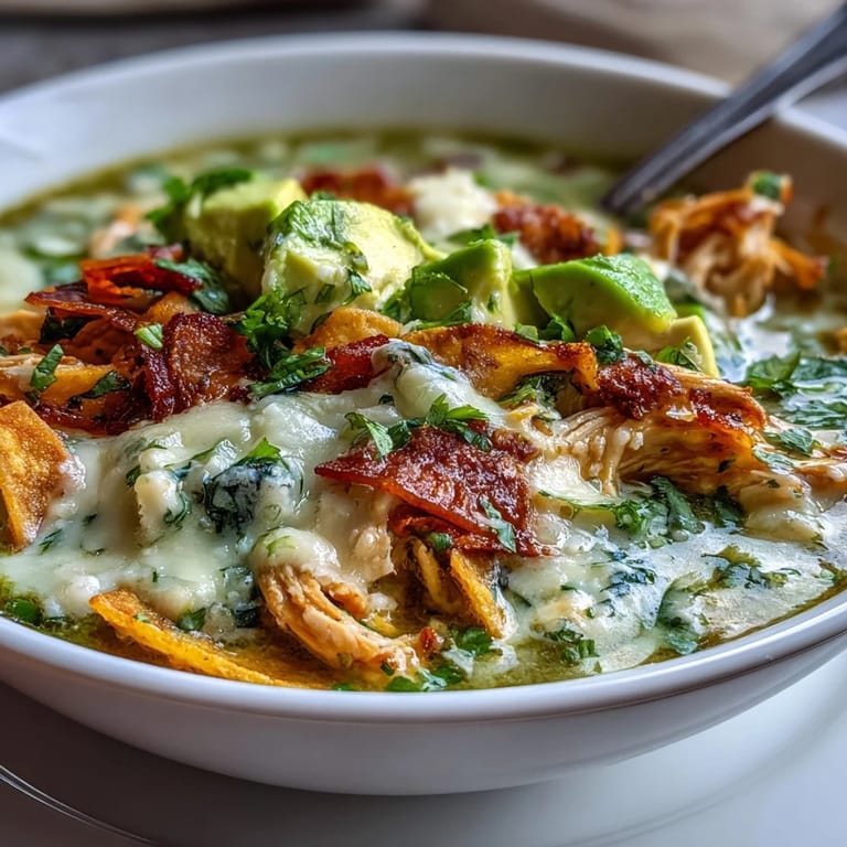 Eine dampfende Schüssel Cremige Chicken Tortilla Soup mit Avocado-Stücken, Koriander und einem Spritzer Limette für den perfekten Tex-Mex-Geschmack.