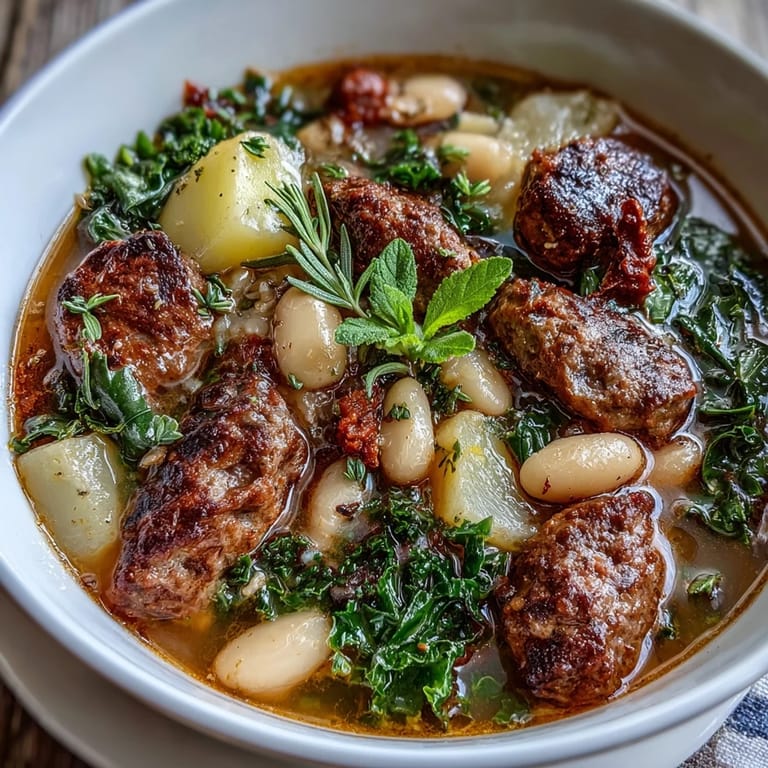Mund Wasserende Tuscan White Bean Sausage Soup mit Cannellini Bohnen, Wurst und Kale, angerichtet in einer Schüssel mit goldenem Brot.
