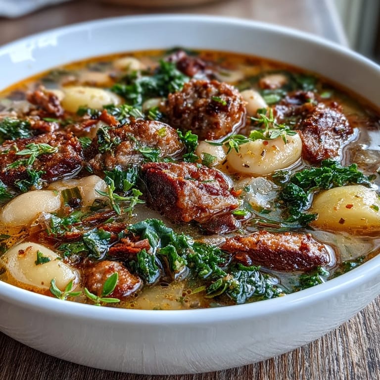 Herzhafte Tuscan White Bean Sausage Soup duftet nach italienischen Kräutern, mit saftiger Wurst und cremigen Bohnen in rustikaler Atmosphäre.