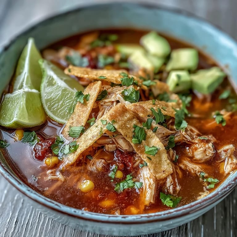 Sizzling pot of Best Chicken Tortilla Soup simmering with fire-roasted tomatoes and sweet corn.