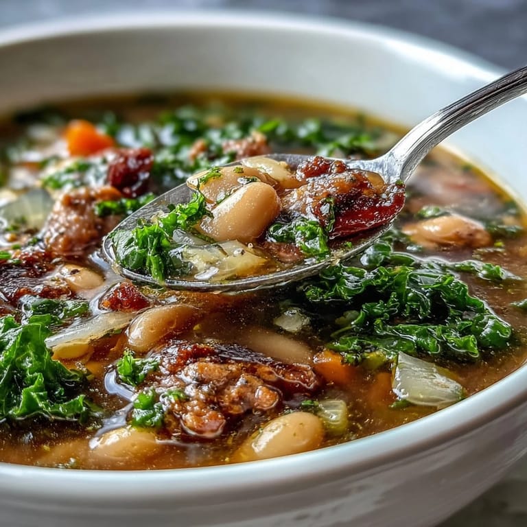 Italian White Bean Soup with Kale and Sausage im rustikalen Topf mit Löffel serviert.