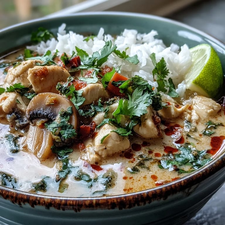 Thai Coconut Curry Soup duftet mit Ingwer und Limettenblättern, garniert mit frischem Koriander und roten Chiliringen.