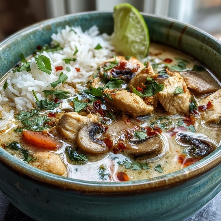 Thai Coconut Curry Soup dampft in einer Schale, serviert mit Jasminreis, Limettenkeilen und Koriander an Tisch.