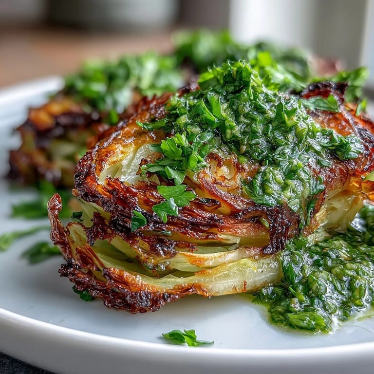 Goldbraune Cabbage Steaks mit würziger Jalapeño Chimichurri, als Hauptgericht serviert.