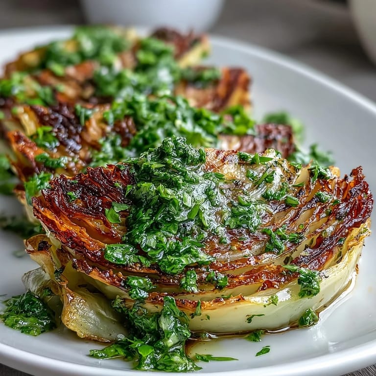 Saftige Cabbage Steaks aus dem Ofen mit frischer Jalapeño Chimichurri Garnitur.