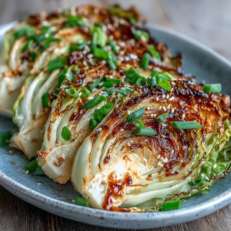 Miso Butter Röstkohl-Spalten mit glasierten Rändern als veganer Beilage serviert, schmeckt perfekt zu Reis oder Tofu.